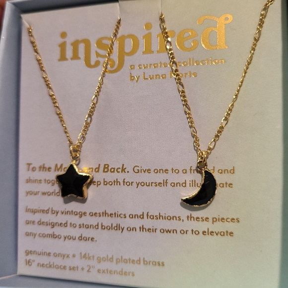 2 NECKLACES INSPIRED BY LUNA NORTE BLACK ONYX MOON & STAR14K GOLD PLATED - Picture 6 of 10